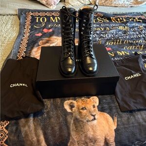 CHANEL Black Leather Combat Boots